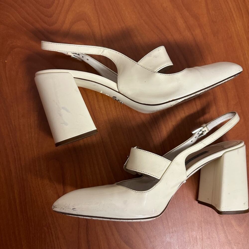 Prada Off White Patent Leather Mary Jane Slingback Block Heel Pumps Size 37.5 - Picture 9 of 16